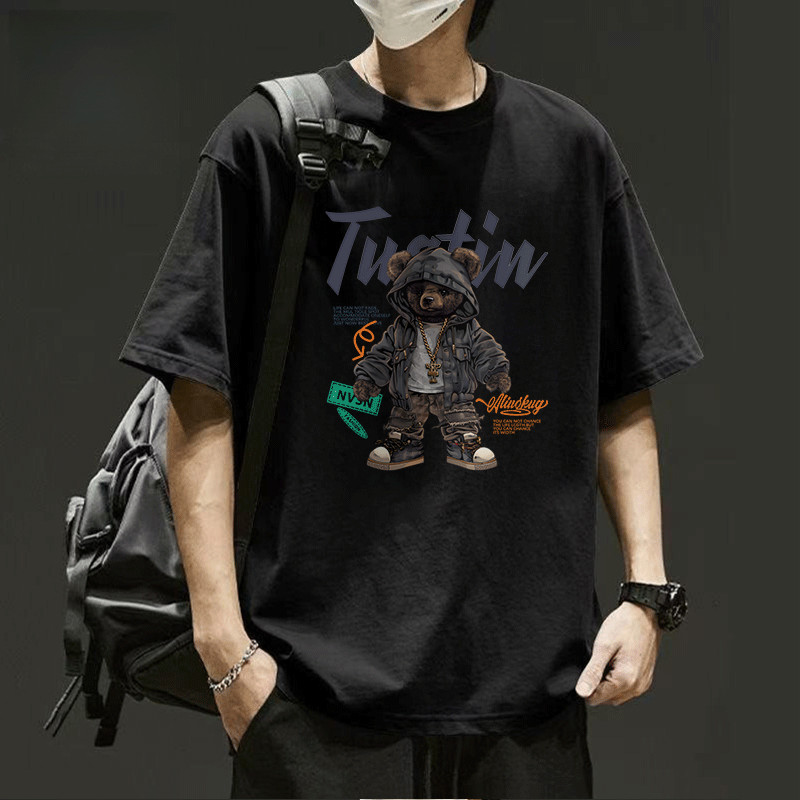FASHION สีดําแขนสั้น เสื้อยืด CASUAL ผู้ชาย สีขาว-ดำ OVERSIZE COOL เสื้อยืดผู้ชาย คอกลม ลายการ์ตูน สตรีทแฟชั่น วินเทจ