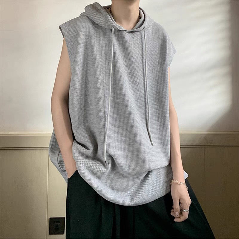 🔥การประกันคุณภาพ🔥 Waffle Hooded Vest Men's Summer New Fashion Brand Ins High Street Loose Waistco