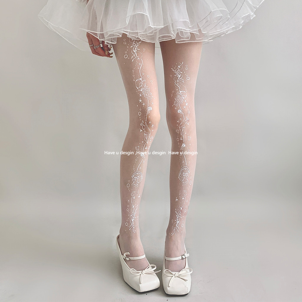 มี u desgin Ocean พิมพ์ถุงน่องสีขาว Pure Desire น่ารัก Lolita ถุงเท้าผู้หญิงฤดูใบไม้ผลิฤดูร้อนบางสีขาวถุงน่อง