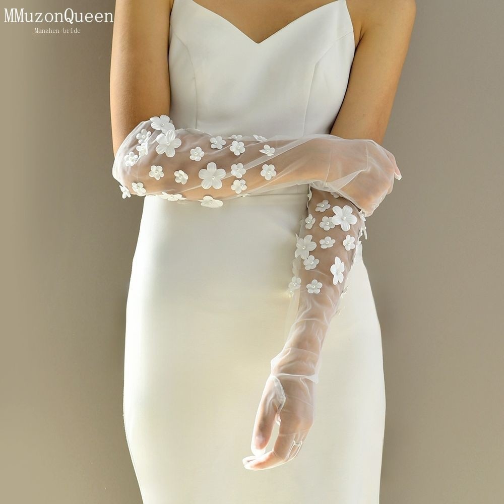 Manzhen Retro Flower Bridal Wedding Gloves Elegant Pearl Long Wedding Accessories Thin Meat Cover G