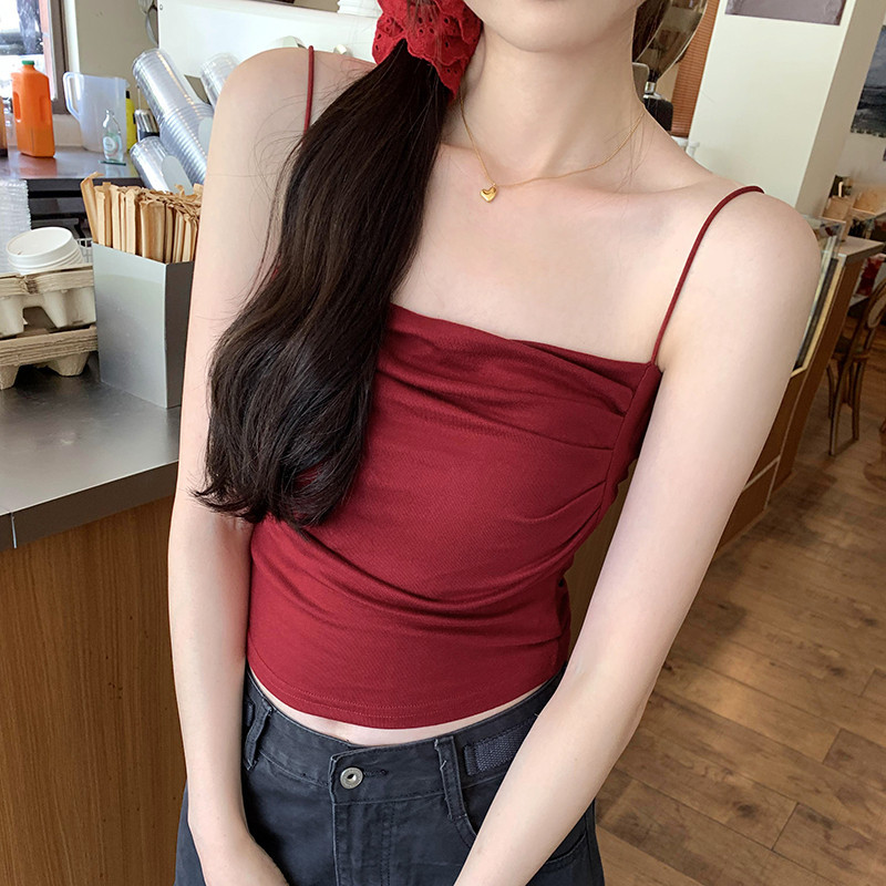 76300 เสื้อสายเดี่ยวสีแดงจีบพร้อมแผ่นรองหน้าอก