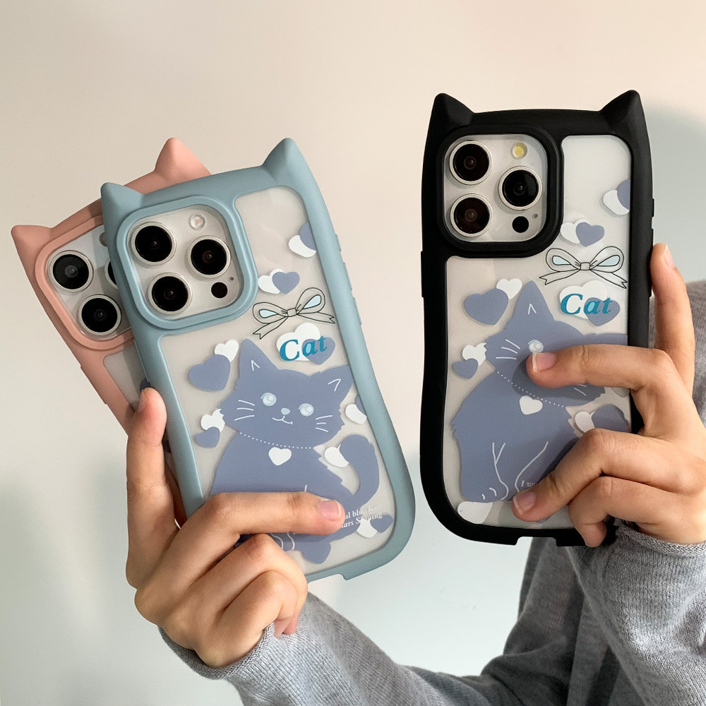 Kawaii Blue Kitty Cat 3D หูแมวล้างเคสโทรศัพท์สําหรับ IPhone 15 14 Plus 13 11 12 Pro Max เกาหลี Girly กรอบซิลิโคนอ่อนนุ่มกันกระแทกอะคริลิคปกหลัง