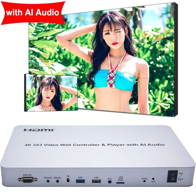 4k 3x3 อัจฉริยะ Voice Video Wall Controller เครื่องเล่น USB พร้อม AI Audio HDMI Video Processor Mult