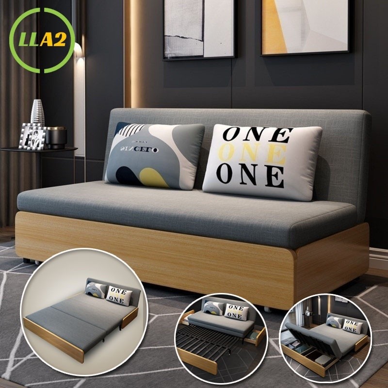 LLA2 sofa bed เตียงโซฟาห้องนั่งเล่นพับนอนกลางวันมัลติฟังก์ชั่เตียงโซฟาไม้เนื้อแข็งพร้อมที่เก็บ