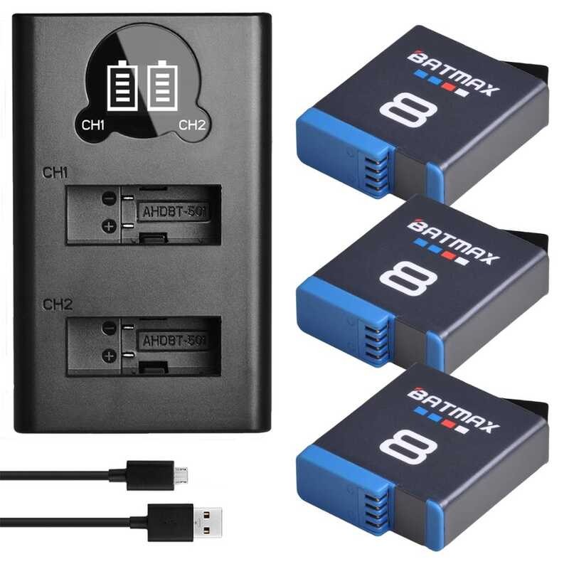 Batmax e 3 Pac Battery + LCD Dual Charger with Type C Port for Gopro 8 7 Black 6 Hero 5 Full Deco