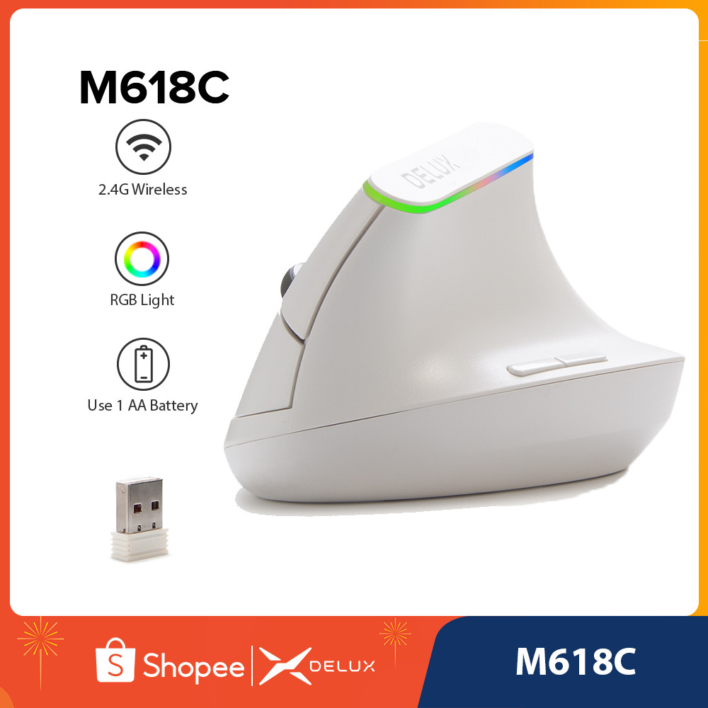 Delux M618C เมาส์เกมมิ่งไร้สาย แนวตั้ง 2.4G 6 ปุ่ม 1600 DPI แนวตั้ง หลากสีสัน