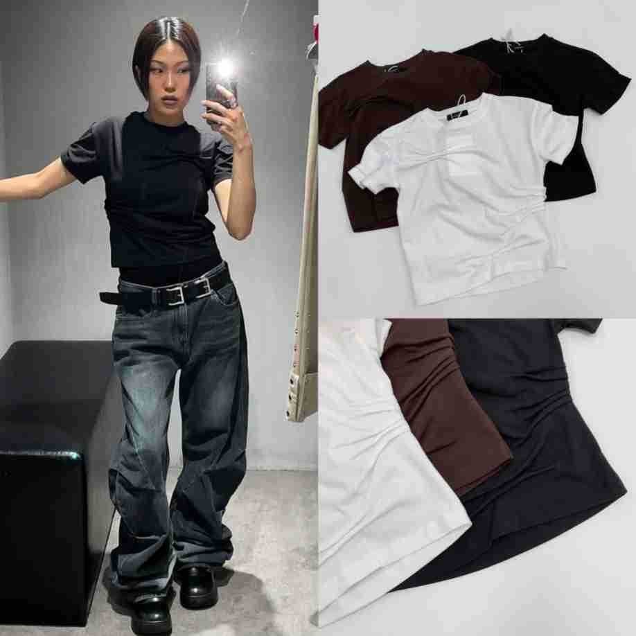 ♞,♘,♙[SR-STUDIO]LCDC 2025 เสื้อยืดแขนสั้นดีไซน์ใหม่ Sense Wrinkle Stacked OW9P WTY