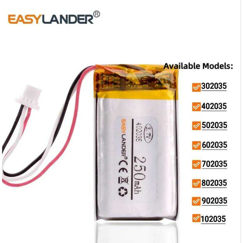 250mAh 3.7V402035 แบตเตอรี่ลิเธียมโพลิเมอร์แบบชาร์จได้ JST 1.0 มม.-3 พิน302035502035602035702035 8