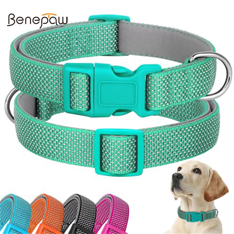 Benepaw ปลอกคอสุนัขสะท้อนแสงไนลอนปรับได้ Neoprene เบาะ Quick Release Buckle ทนทานออกแบบโลหะ D-Ring สําหรับ Leash สิ่งที่แนบมาเหมาะสําหรับการฝึกอบรมเดินเดินป่า