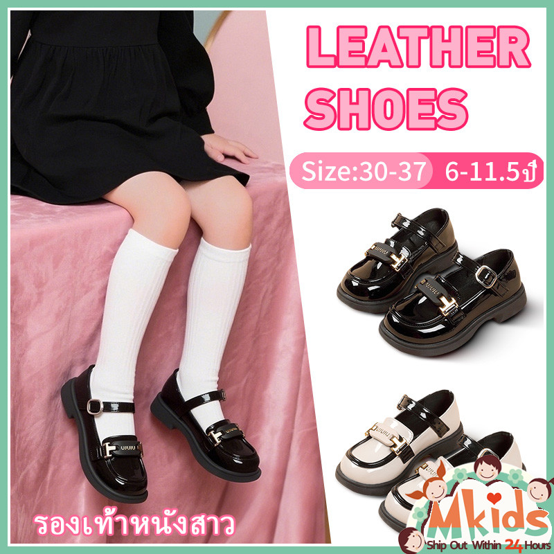[ส่งจากในประเทศ🚚] รองเท้าเด็กผู้หญิง 6-12 ปี สไตล์นักเรียน รองเท้าหนังสีดำ ระบายอากาศได้