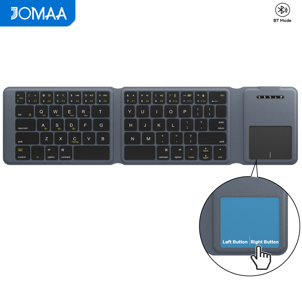 Jomaa Tri-Foldable Bluetooth Keyboard Leather Case คีย์บอร์ดไร้สายแบบพับได้แบบชาร์จไฟได้พร้อม Touchopad ขวาปุ่มซ้าย