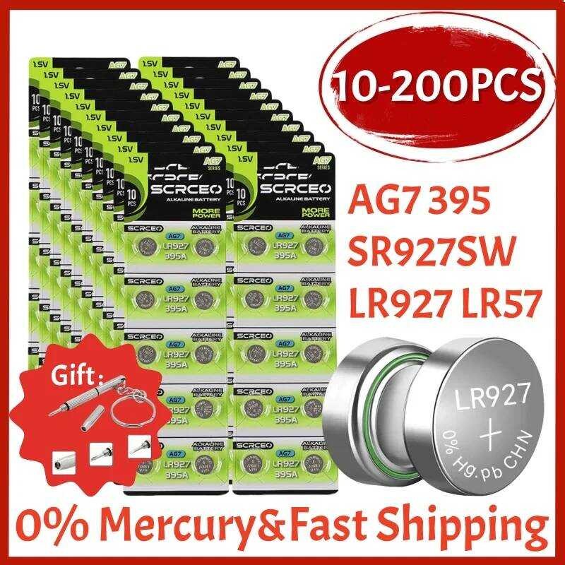 แบตเตอรี่เซลล์ปุ่ม AG7 10-200 ชิ้น SR927SW 395 LR927 LR57 SR927W 399 395A แบตเตอรี่อัลคาไลน์สำหรับนา