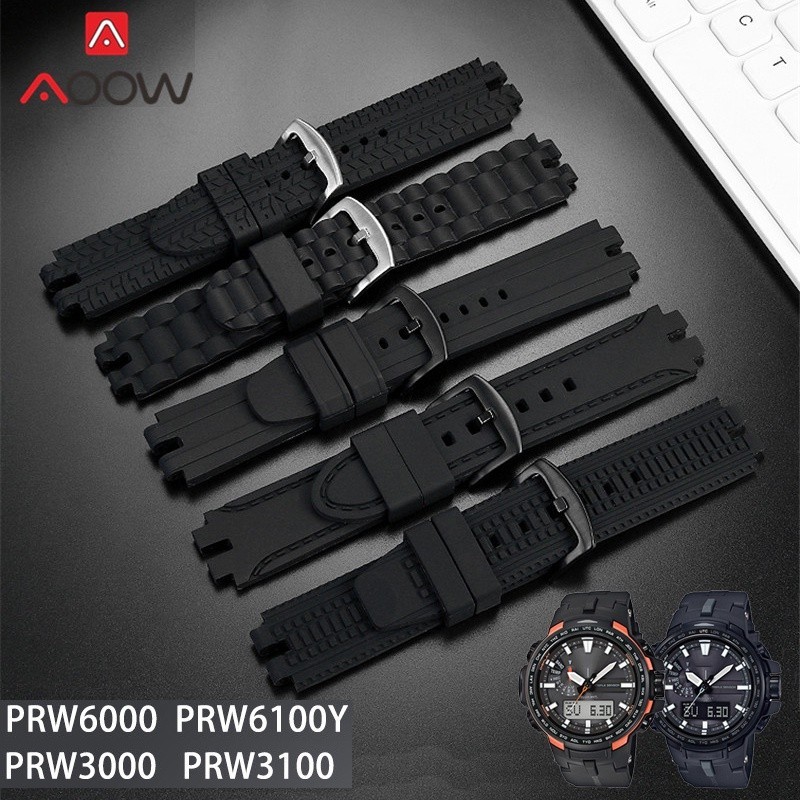 สายยางสําหรับ Casio Protrek PRW-3000 3100 6000 6100Y หัวเข็มขัดสแตนเลสผู้ชายซิลิโคนกีฬาสร้อยข้อมือกั