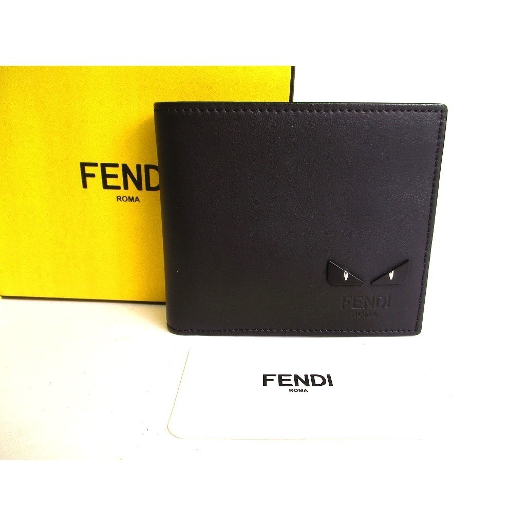 Authentic FENDI Black Soft Leather Monster Bugs Bifold Bill Wallet #a101  Pre-owned