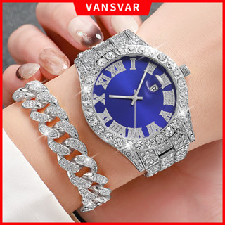2pcs Nestest Buaness นาฬิกาสแตนเลสสตีลวงกลม Diamond Dial นาฬ…