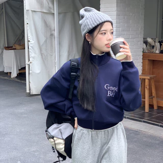 Solovely สไตล์เกาหลี เสื้อกันหนาว งานปัก แขนยาว ซิป เสื้อกันหนาว