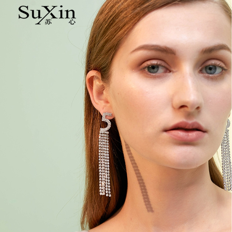 [SUXIN] กิจกรรมส่วนลดเต็มเครื่องประดับแฟชั่น Rhinestone ประดิษฐ์ต่างหูสไตล์ยาว 925 เข็มเงิน Classy