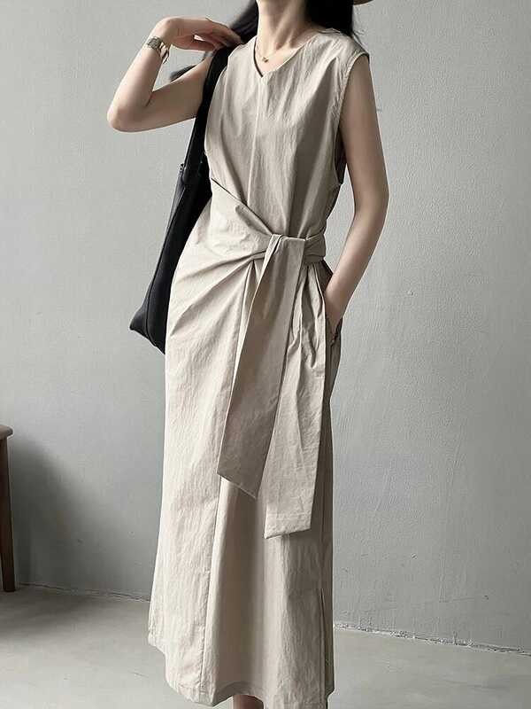 ▥ Eamผู้หญิงสีกากีจีบเอวผ้าพันคอelegantชุดยาวใหม่รอบคอแฟชั่นฤดูใบไม้ผลิฤดูร้อน 2025 1Dj0513