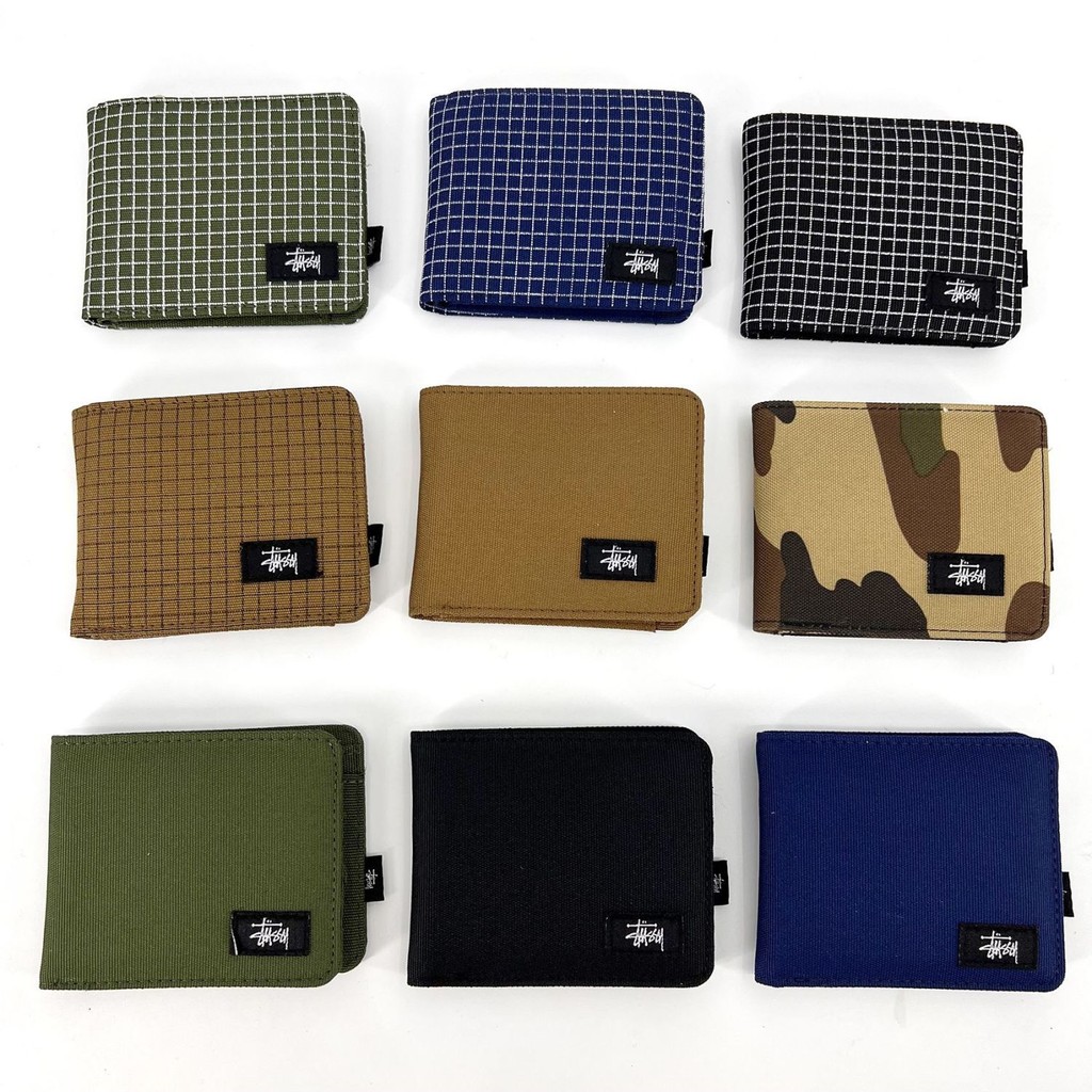 Stussy Stu Short Bifold Wallet ใหม่อินเทรนด์กระเป๋าสตางค์ผ้าใบธนบัตรขนาดใหญ่ช่องใส่การ์ดกระเป๋า