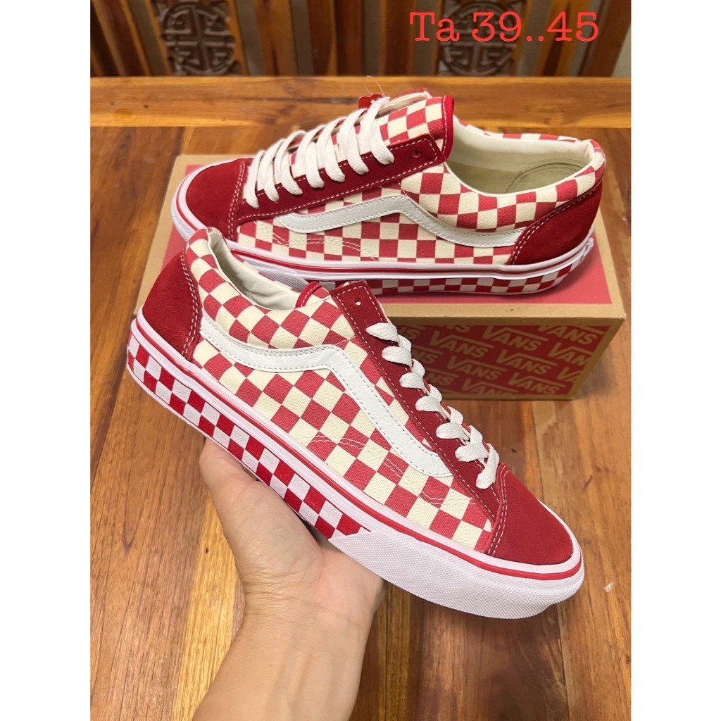 ♞,♘,♙รองเท้าผ้าใบVans Old Skool 36 Checkerboard สีแดง การันตีคุณภาพ uyg