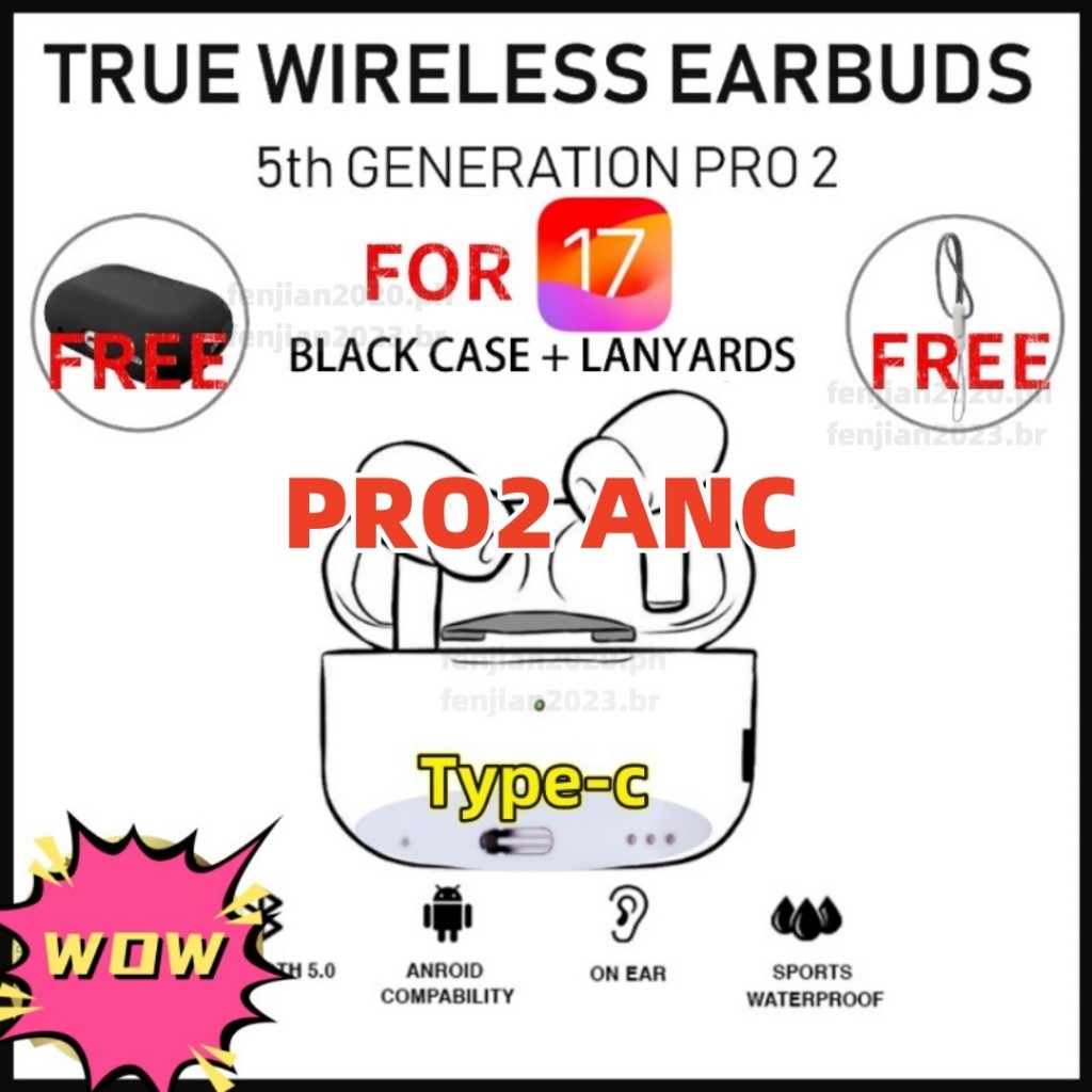 Pro2 ชิป airoha USB-C ล่าสุด พร้อมตัวเลื่อนระดับเสียง 100% หูฟังบลูทูธไร้สาย สําหรับ ios17