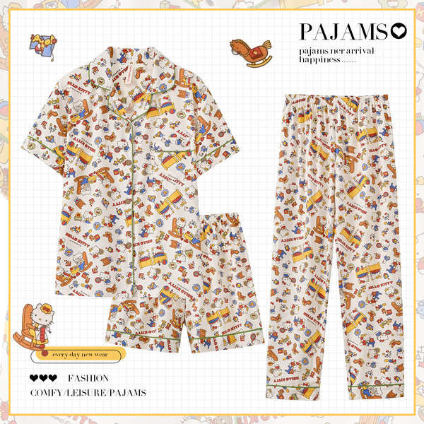 ชุดนอน happy sunday ชุดนอน sexy ชุดนอน HelloKitty ผู้หญิงฤดูร้อนผ้าฝ้าย 2024 ใหม่แขนสั้นน่ารักพลัสข