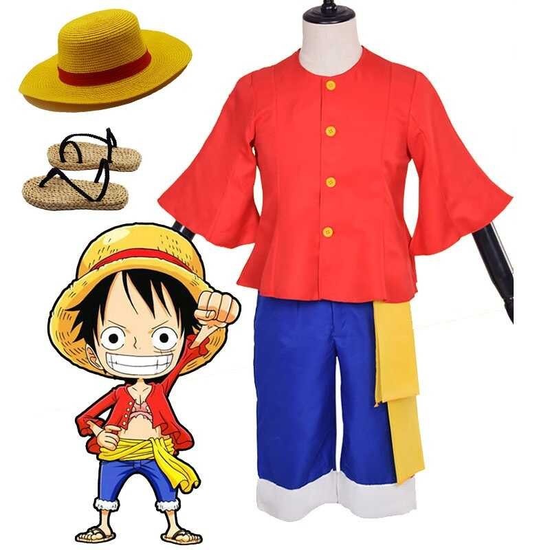 ❤ Anime One Piece Nika Luffy Cosplay Costume Set Straw Hat Red Jacket Halloween Carnival Party