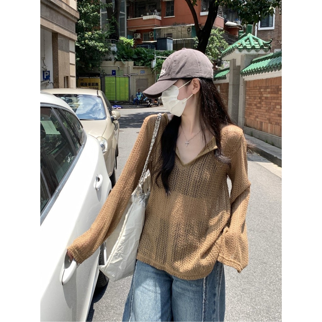 76444 Loose Half-Open Collar Hollow Thin T-Shirt Top