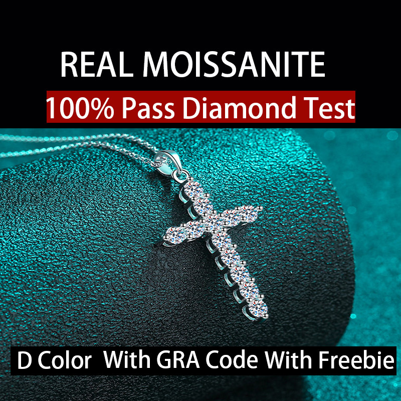 Real Moissanite สร้อยคอเงินสเตอร์ลิง 925 0.36ct 0.72ct 1.1ct 1.2ct 3.6ct รูปไม้กางเขน สีขาว พร้อมรั