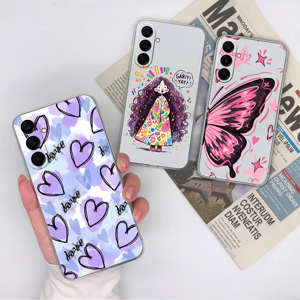 SAMSUNG ปลอกสําหรับSamsung Galaxy A17 สีม่วงLove Heartผีเสื้อกันกระแทกAnti-Dropทนทานที่ไม่ซ้ํากันClearสําหรับSamsung A17 SamsungA17 ซิลิโคนนุ่มKaฝาครอบโทรศัพท์