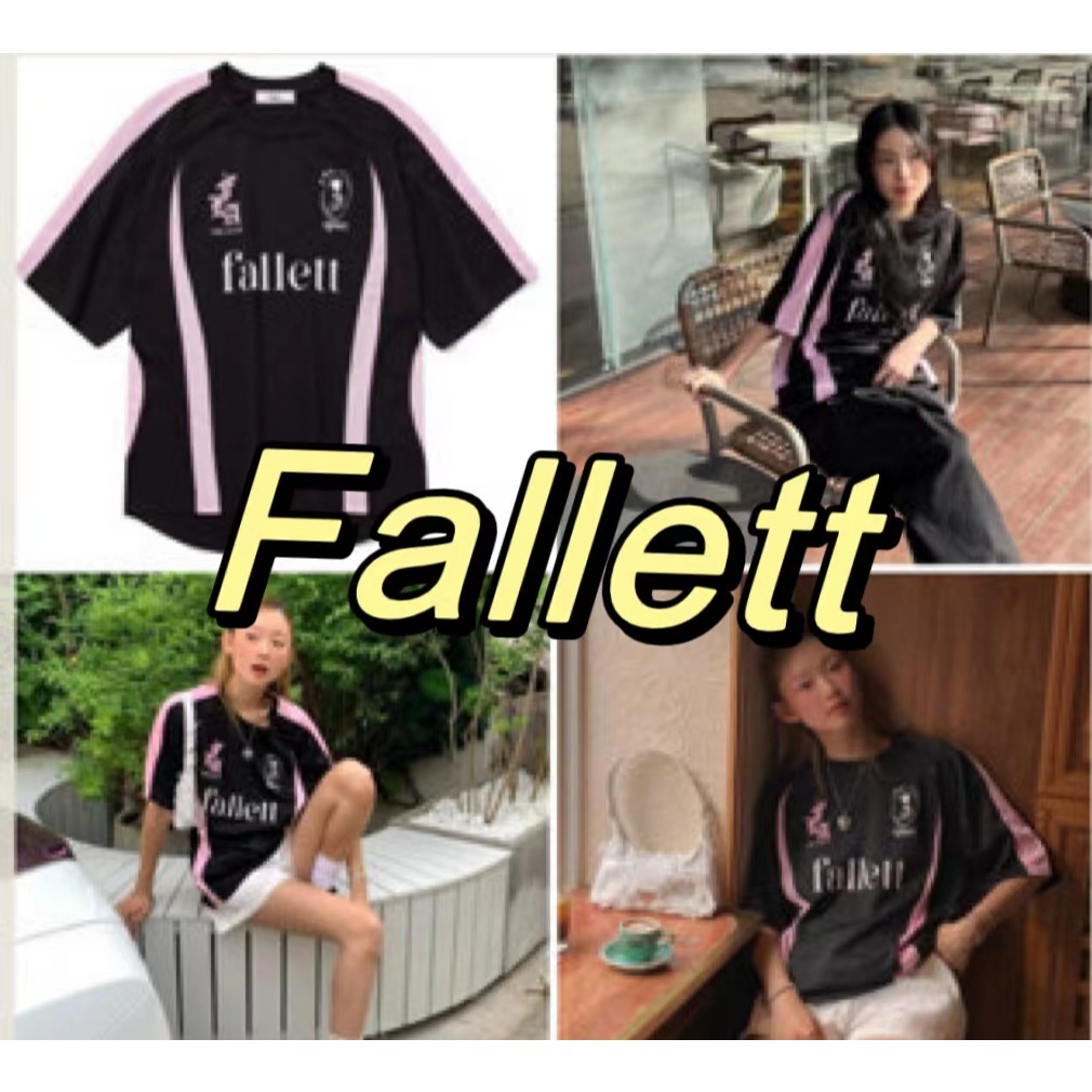 Fallett Sport Club เกาหลีแฟชั่นลําลองย้อนยุคสีบล็อกเสื้อแขนสั้นเสื้อยืด qwd