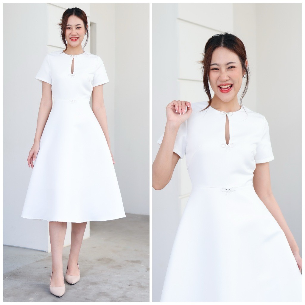 ♞[LUXURY707] LX8129 : ชุดออกงานแขนสั้น กระโปรงบาน แต่งเข็มกลัดเพชร WFD