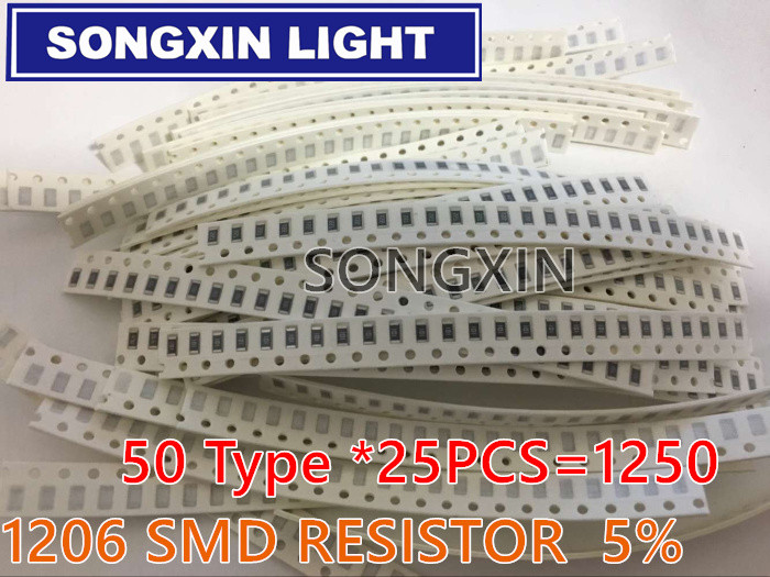 1250 ชิ้น XIASONGXIN LIGHT 50 มูลค่า 1206 SMD Resistor Kit (0R ~ 10MR) 5% 100% ใหม่และ