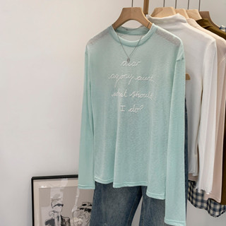 88858 ลีโอเซลล์ เส้นใยพิมพ์ตัวอักษรบางหลวมเสื้อยืดแขนยาว