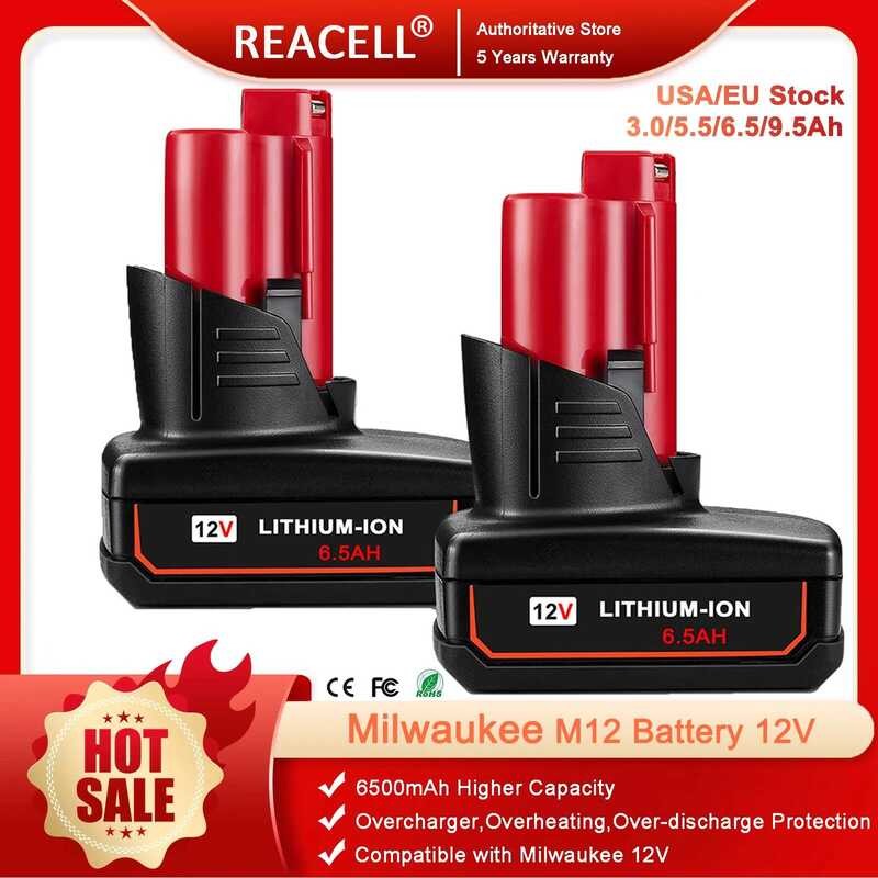 3/5.5/6.5/9.5Ah 12V สำหรับแบตเตอรี่ที่เข้ากันได้กับเครื่องมือไร้สาย Milwaukee M12 XC 48-11-2410 48-1