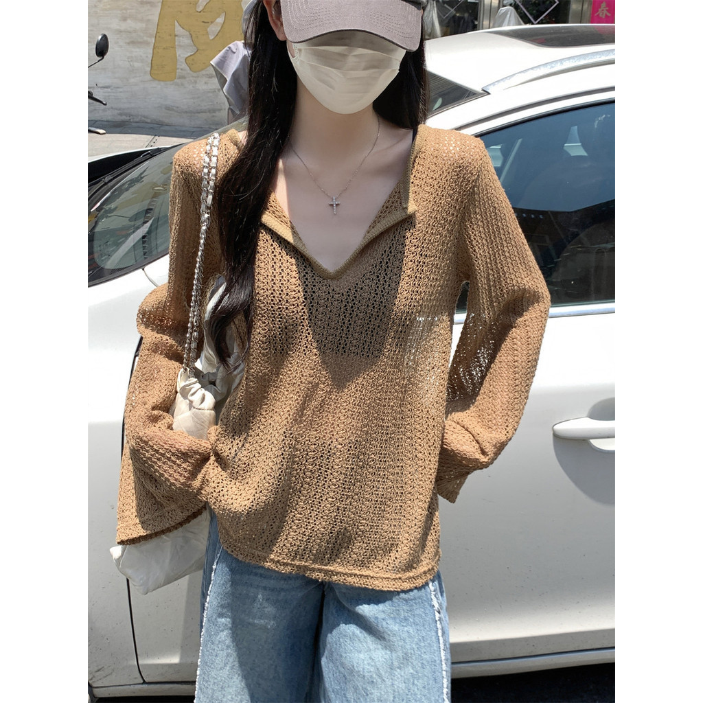 76444 Loose Half-Open Collar Hollow Thin T-Shirt Top
