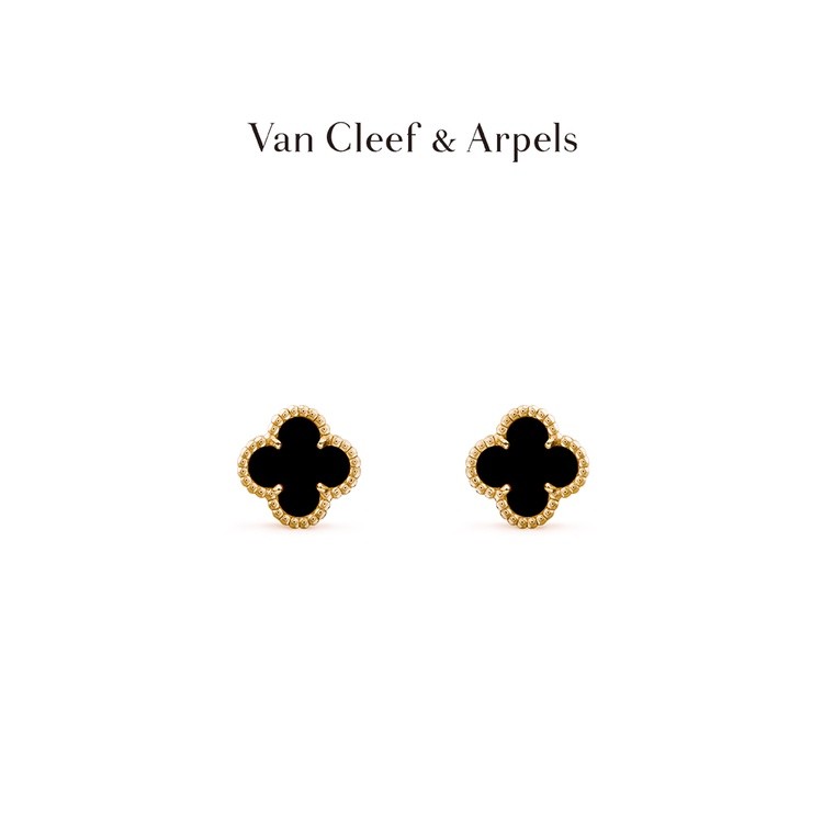 [พร้อมกล่องบรรจุภัณฑ์] Vca Van Cleef & Arpels Alhambra ต่างหูนําโชค สี่ใบ สีเหลือง K ต่างหูอาเกต สี