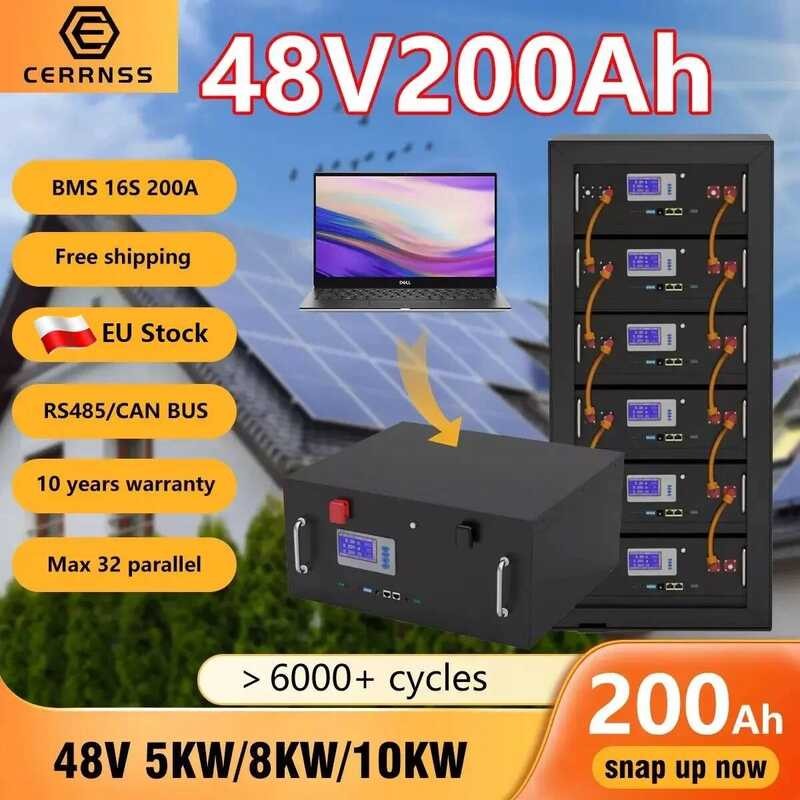 ชุดแบตเตอรี่ LiFePO4 100AH 48V 150AH 200AH แบตเตอรี่ลิเธียมโซลาร์ 51.2V 6000+ รอบ พร้อม BMS 200A ในต