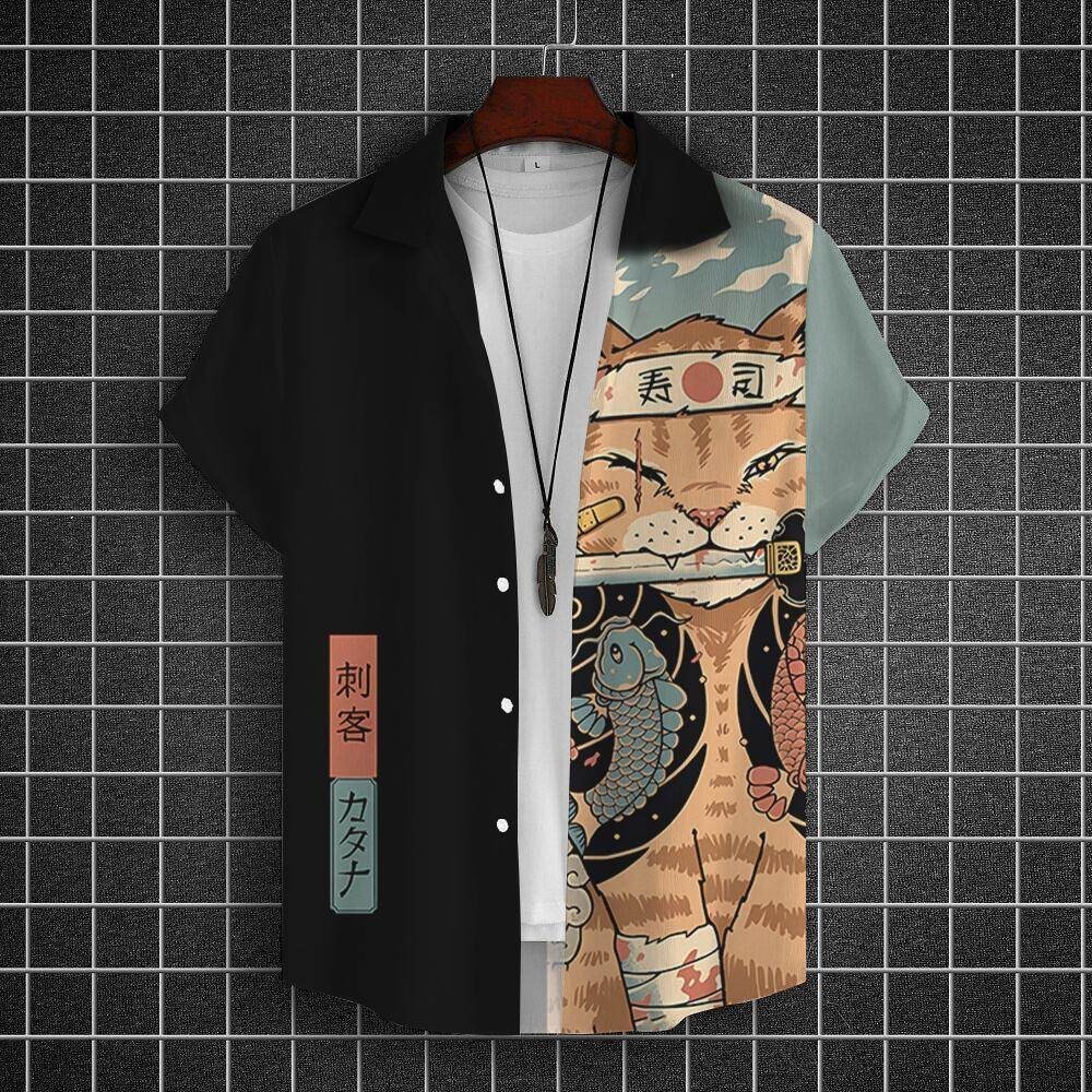 เสื้อเชิ้ตฮาวายแขนสั้นลายแมวน่ารัก สไตล์ญี่ปุ่น ไซส์ใหญ่ใส่สบาย
