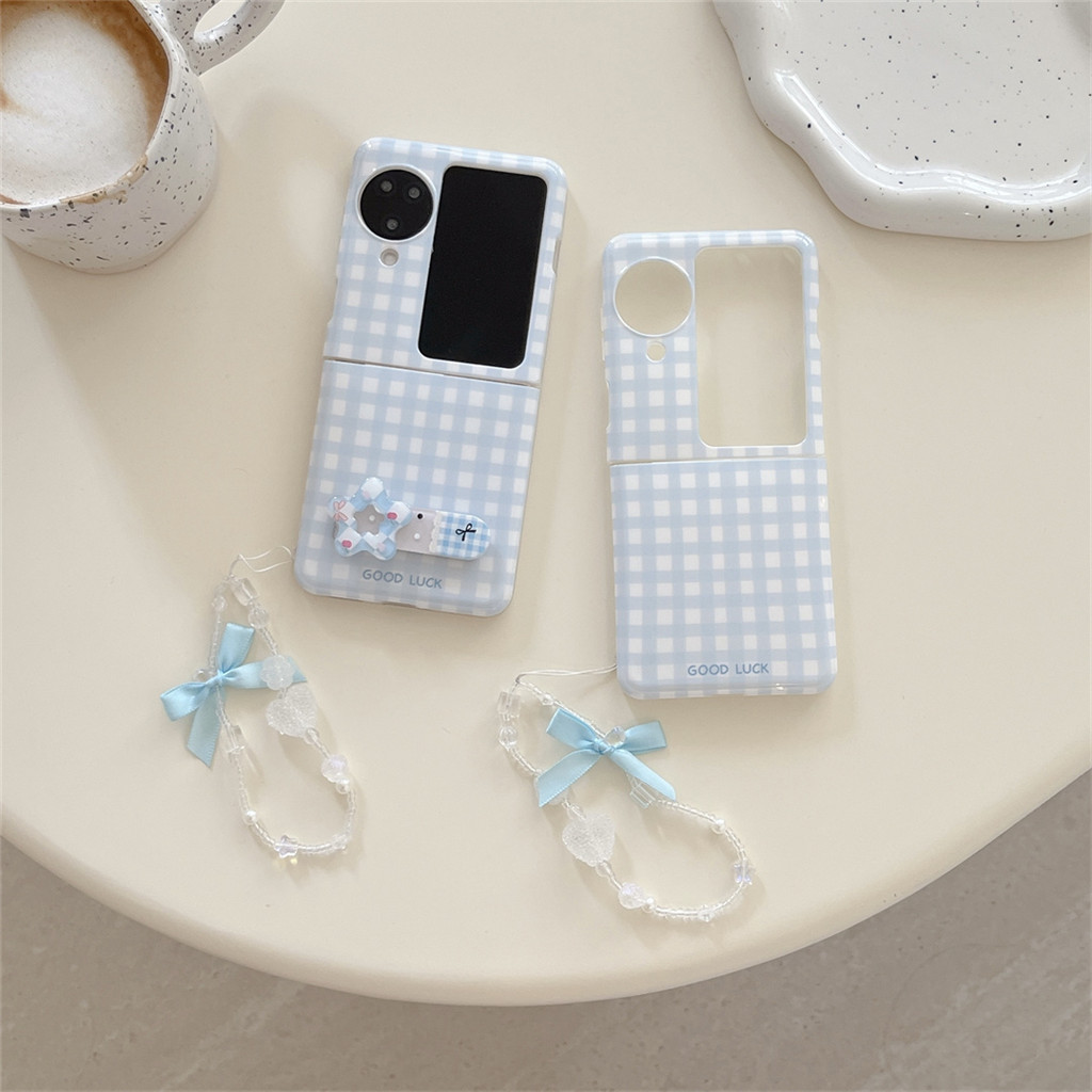 น่ารัก Blue Lattice Star Bracket โบว์คริสตัลโซ่เคสโทรศัพท์สําหรับ OPPO N3Flip N3 Flip N3Flip N2Flip 