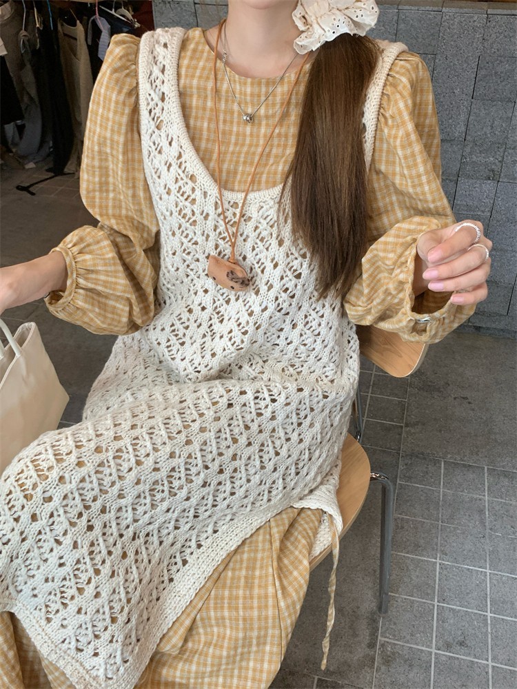 78879 Hollow ถัก Slit Dress ลายสก๊อต Lace-Up Long-Sleeved Dress