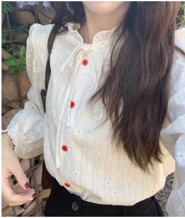 79890 เสื้อแขนยาวผูกลูกไม้สีขาว