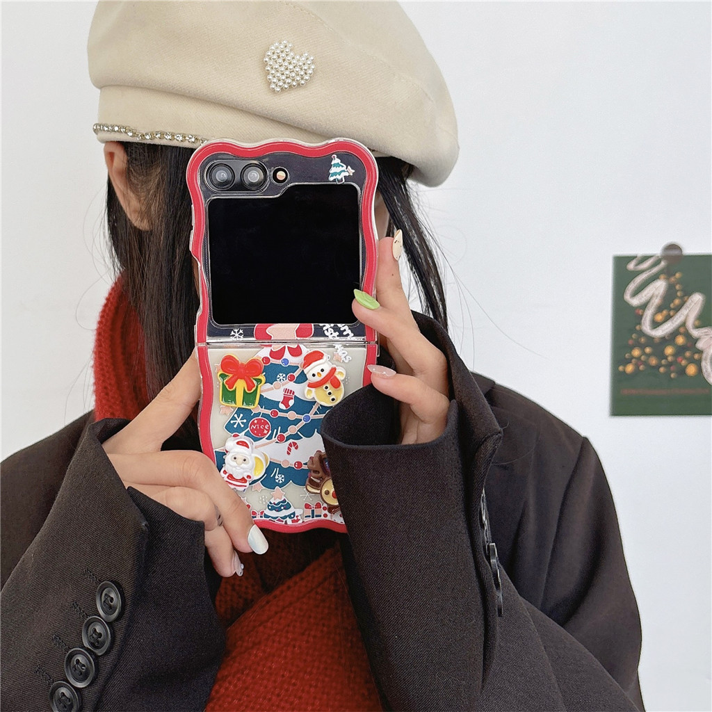 น่ารักเกาหลีตลกน่ารักคริสต์มาส 3D Snowman ของขวัญ Santa Claus Wave สําหรับ Samsung Galaxy ZFlip 6 ZFlip 5 ZFlip 4 ZFlip 3 ฝาครอบ