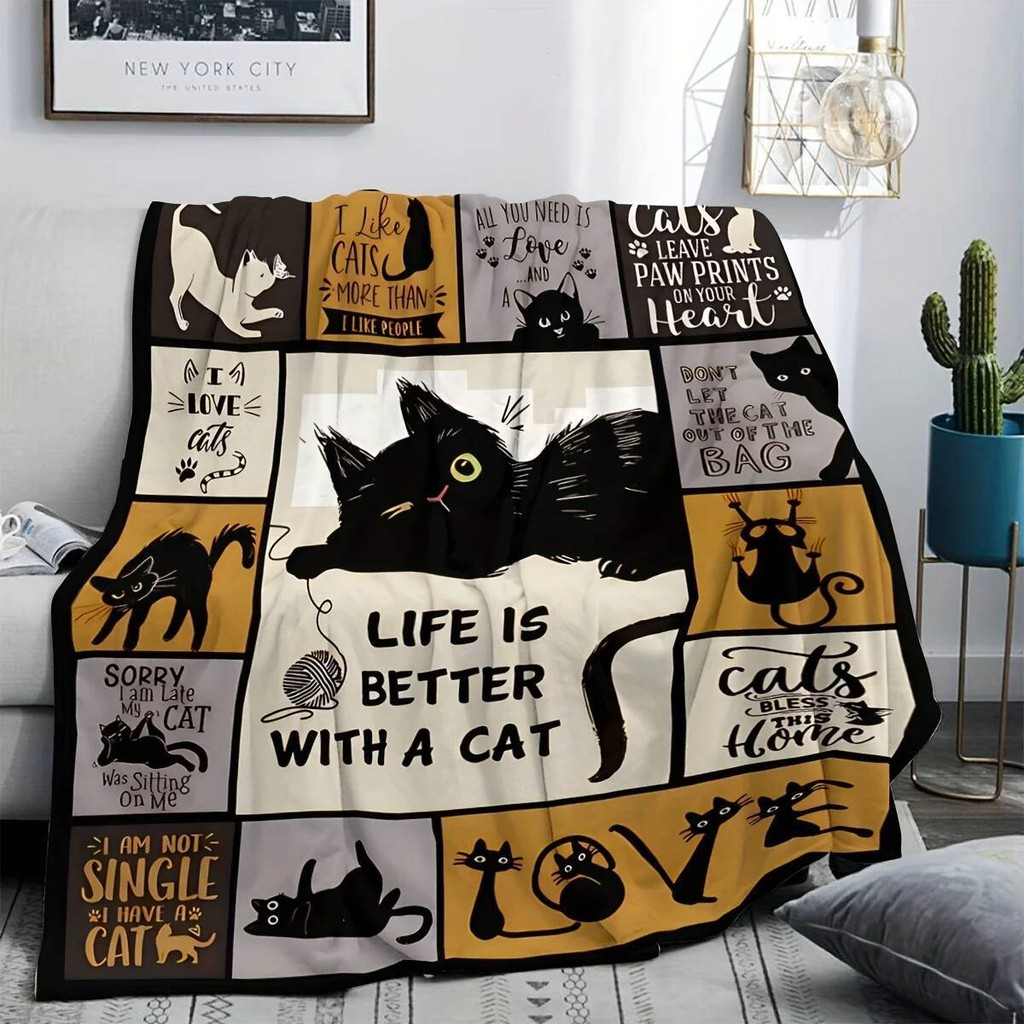 Whimsical Cat Themed โยนผ้าห่ม Super Soft Cozy Nap ผ้าห่มเหมาะสําหรับเตียงโซฟาสํานักงาน Camping Charming ของขวัญสําหรับคนรักแมว