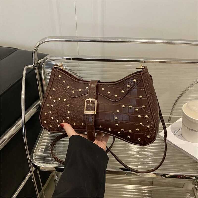 Women Metal Stud Handbag Solid Color Belt Buckle Armpit PU Leather Retro Shoulder Date Party