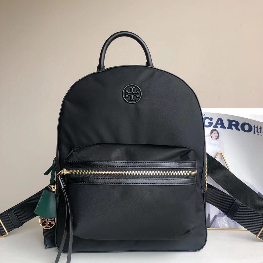 Tb TORY BURCH Piper Nylon Large Capacity Backpack Casual Zip Backpack สีดํา
