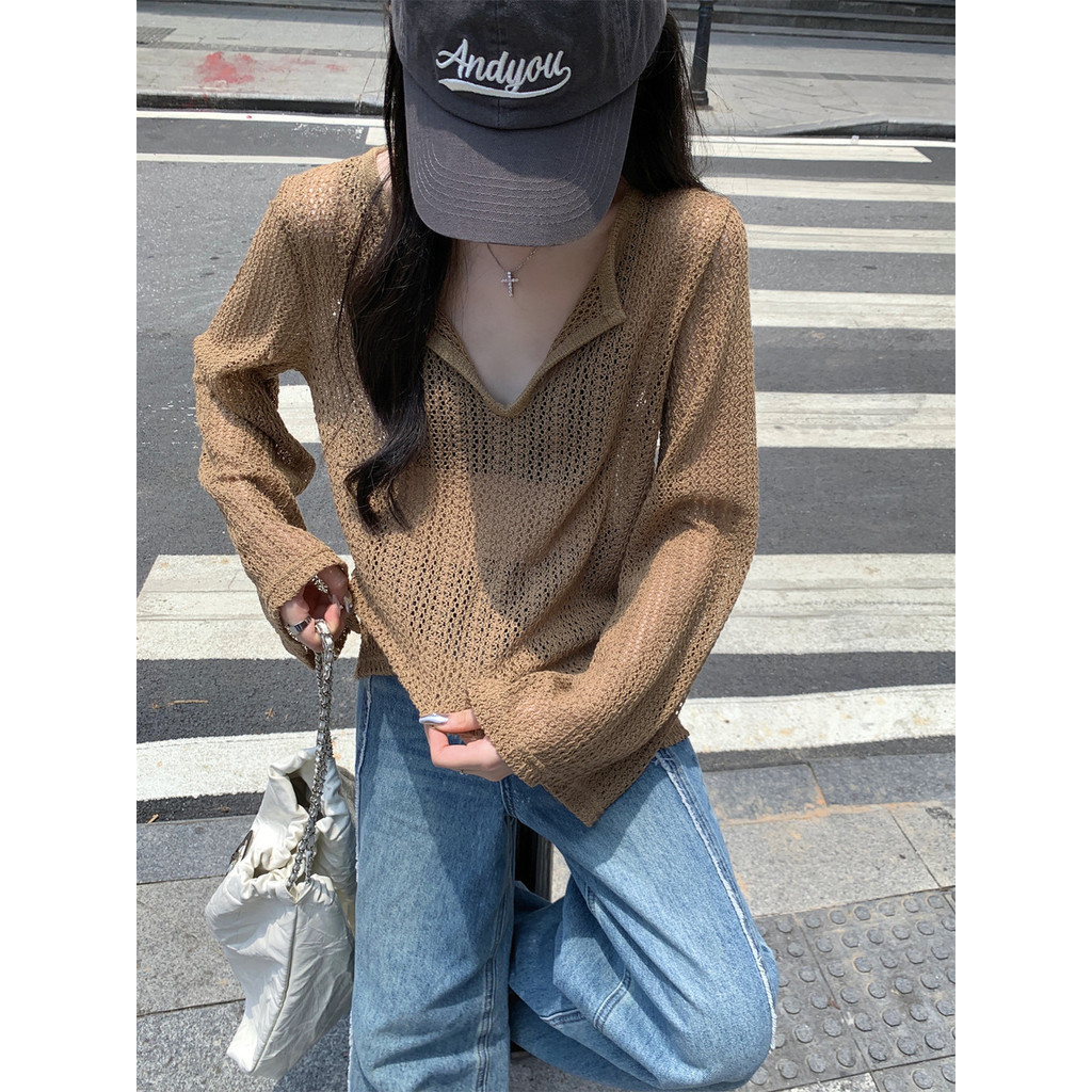 76444 Loose Half-Open Collar Hollow Thin T-Shirt Top