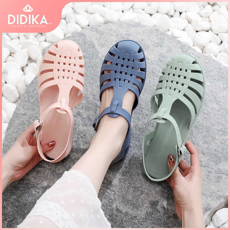 DIDIKA รองเท้าแตะปิดหัวผู้หญิงรองเท้าหลุมกลวงแบนรองเท้าเยลลี่รอ