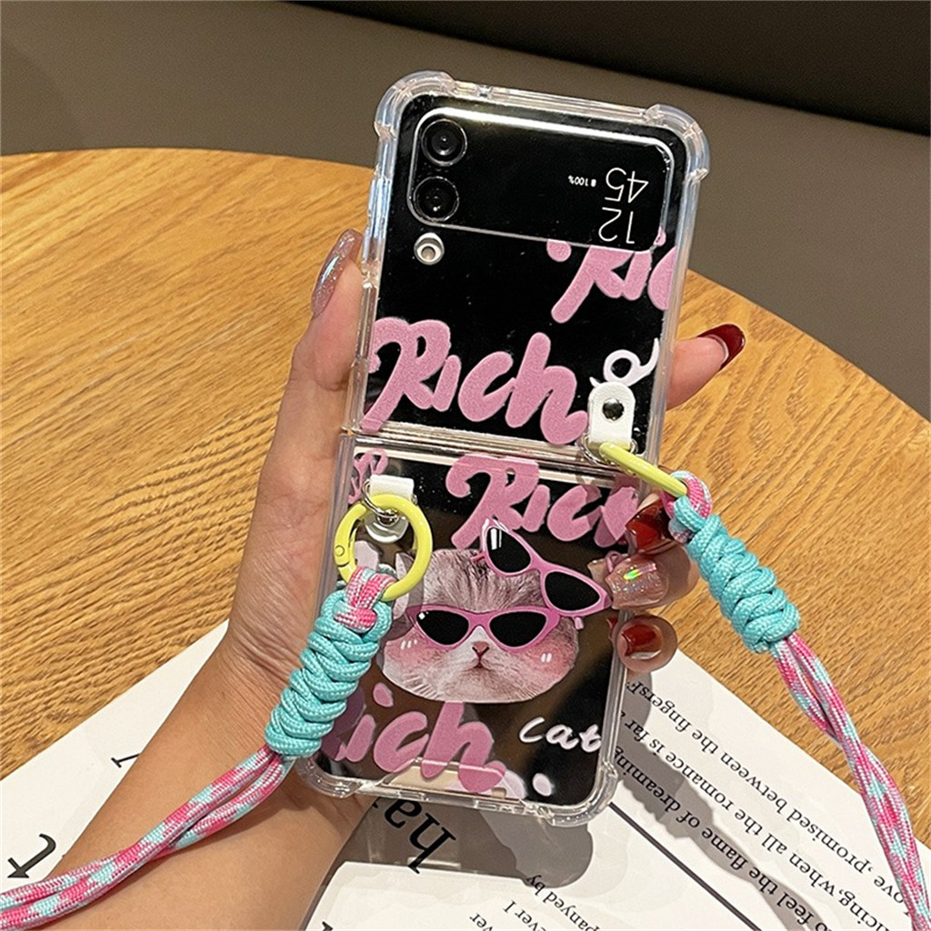 เกาหลีน่ารักกระจกแว่นตากันแดด Rich Cat Crossbody Lanyard สําหรับ Samsung Galaxy Z Flip8 Flip 6 Zflip 7 6 Z Flip5 Zflip4 Flip 3 Flip6 ฝาครอบ