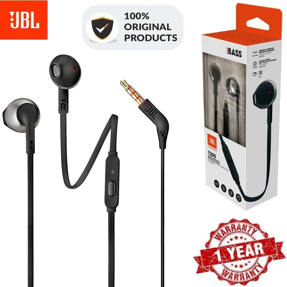 ของแท้ JBL T205/Tune 205 ชุดหูฟังอินเอียร์สเตอริโอ HIFI 1 ปุ่ม 3.5 มม. ควบคุมแบบแฮนด์ฟรี